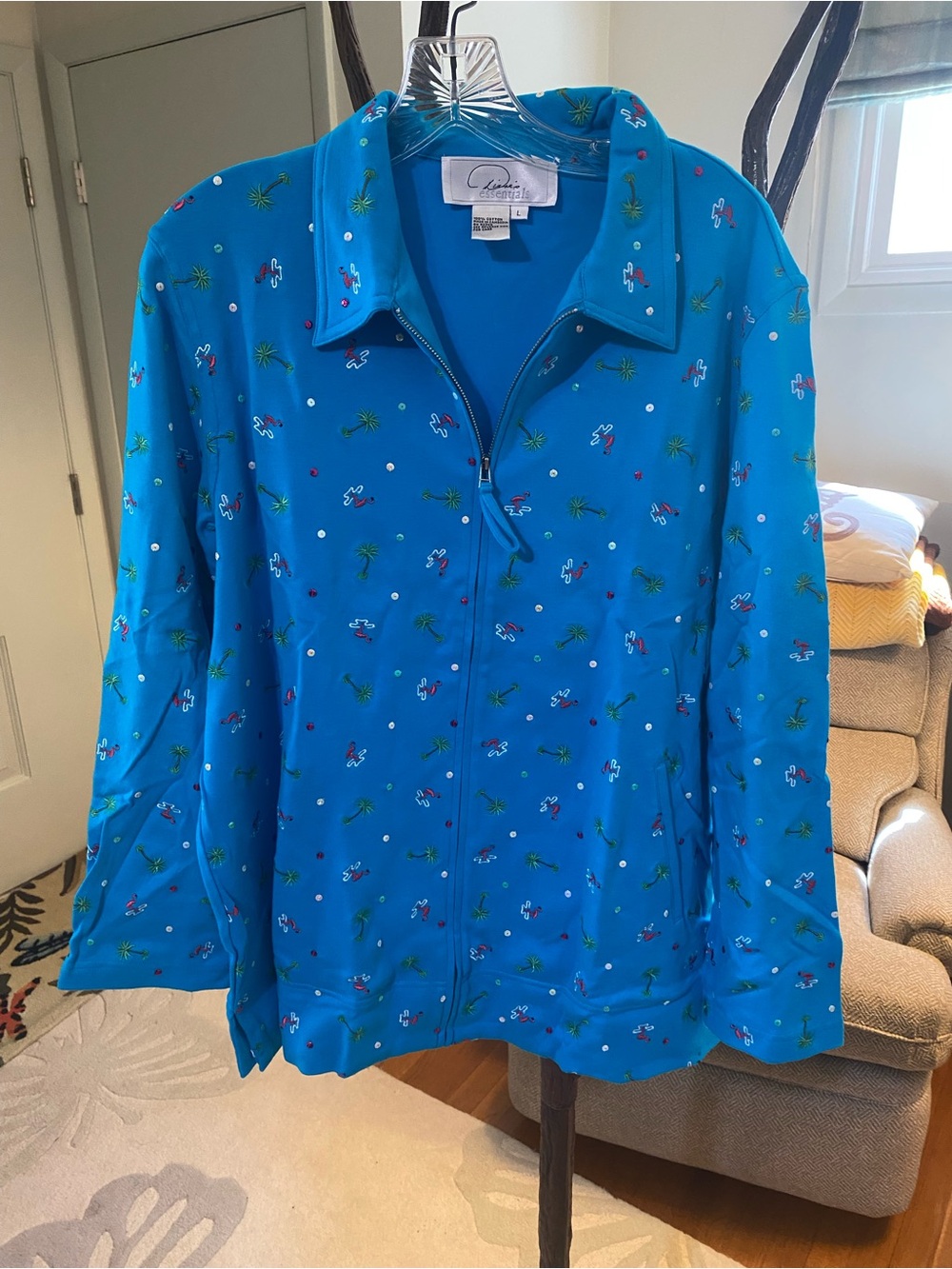 Diane Gilman Cotton Turquoise Tropical Embroidered Jacket L NWT